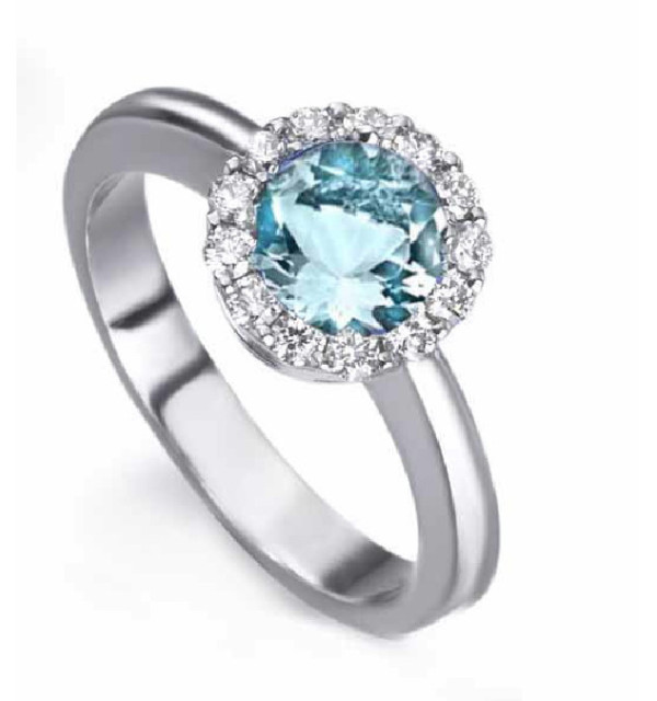 Anillo de  oro blanco con Aguamarina  y  Diamantes