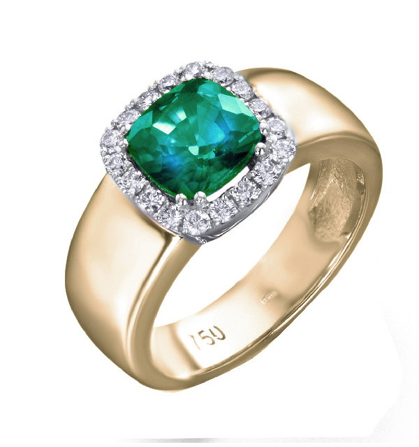 Anillo de oro amarillo con Diamantes y Esmeralda