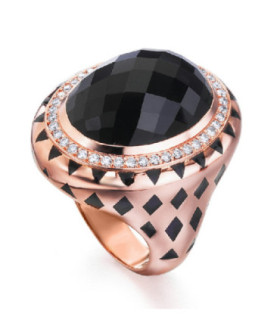 Rose gold ring with enamel, onix and diamonds 0,41 cts