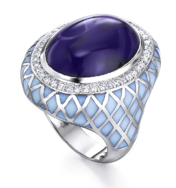 Anillo oro blanco , Amatista,   esmalte y  Diamantes