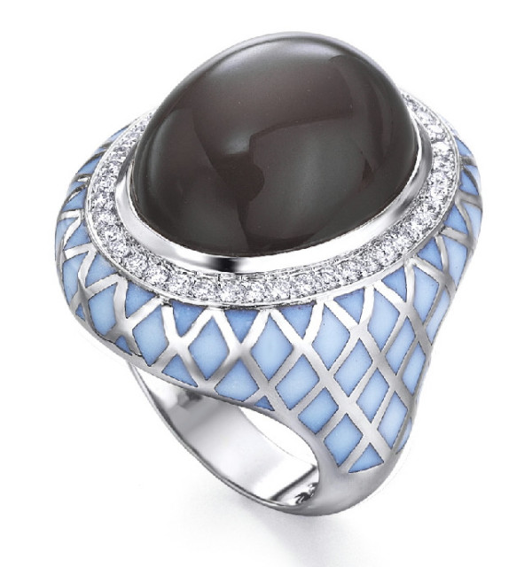 Anillo oro blanco, Piedra luna,   esmalte y  Diamantes