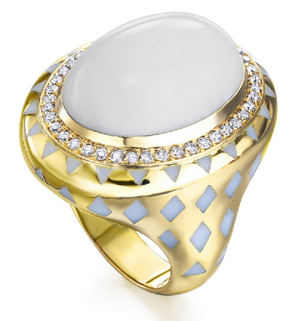 Anillo oro amarillo , Calcedonia,    esmalte y  Diamantes