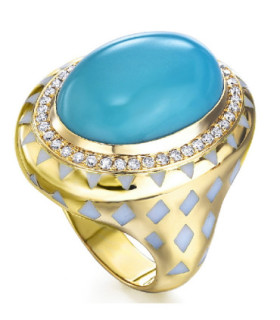 Yellow gold ring with Turquoise, Diamonds and emanel
