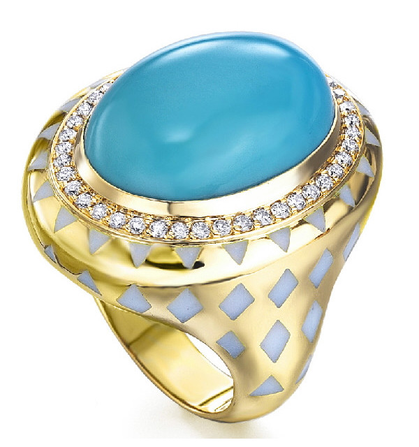 Yellow gold ring with Turquoise, Diamonds and emanel