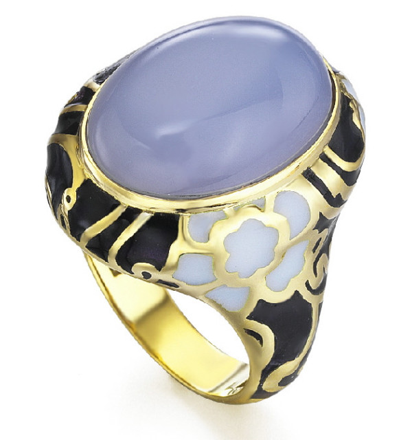 Anillo oro amarillo , Calcedonia azul  y esmalte