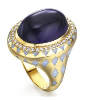 Yellow gold ring with Diamonds, Amethyst and Enamel