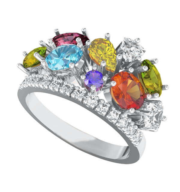 Anillo oro blanco, Diamantes y Semipreciosas.