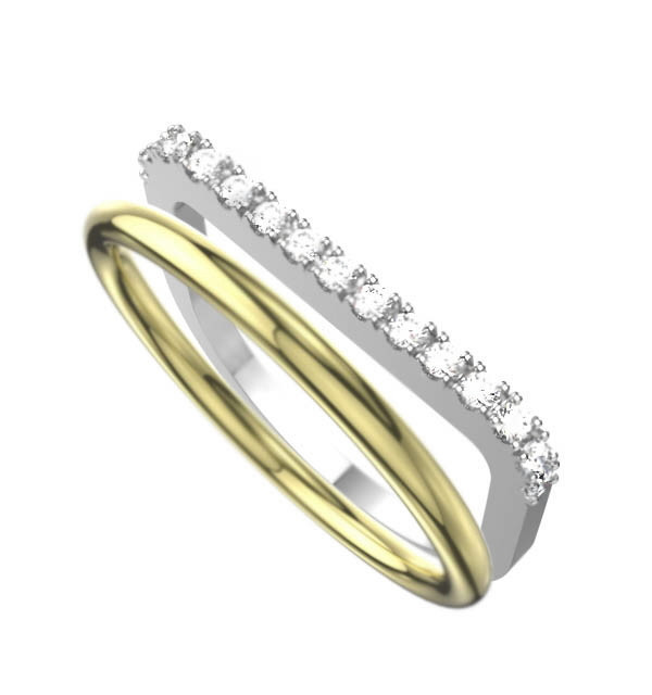 Anillo oro blanco, amrillo y diamante