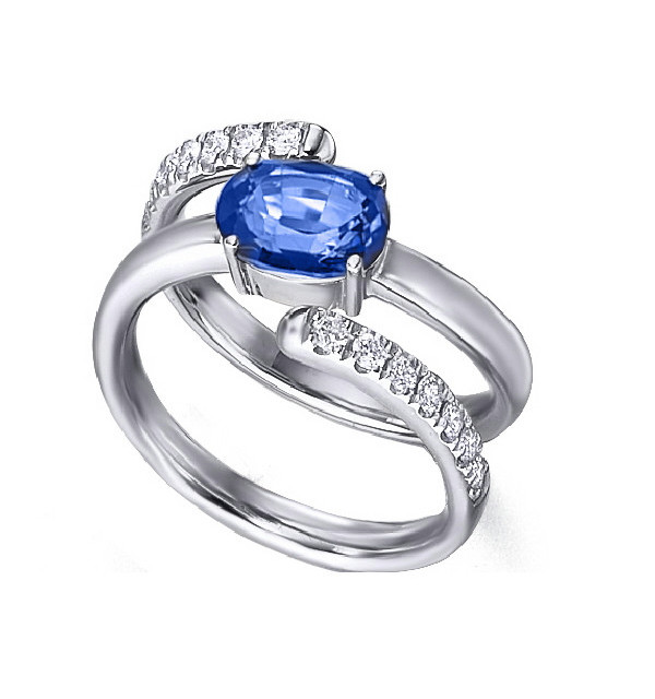 Anillo de  oro blanco con Zafiro y  Diamantes