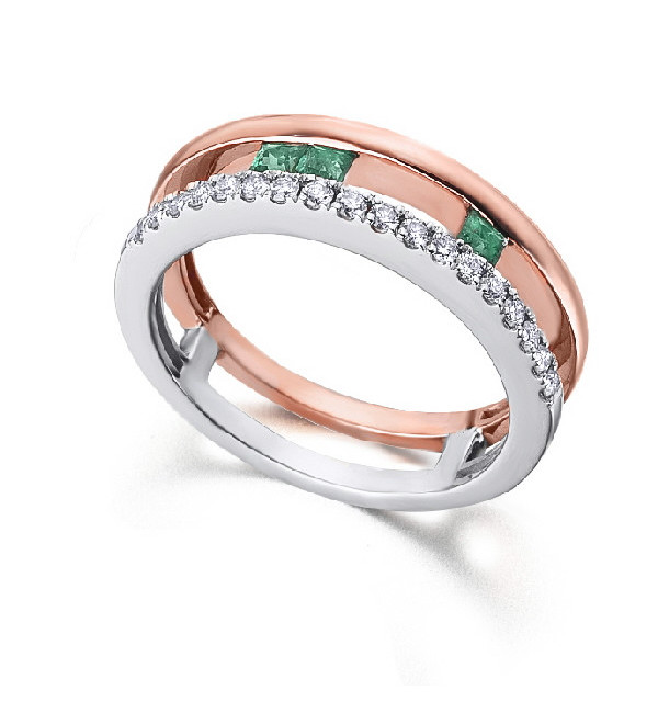 Anillo oro blanco y rosa con diamantes  y esmeraldas