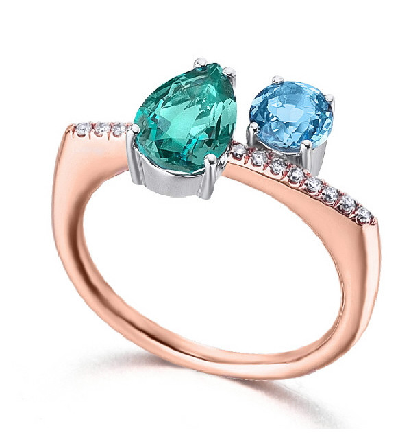 White and rose gold ring with Emerald, Topaz and Diamonds