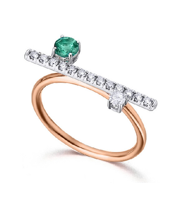 Anillo oro blanco y rosa con diamantes y esmeralda