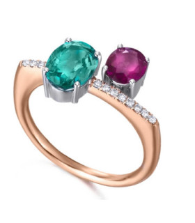 White and rose gold ring with Diamonds, Emerald and Ruby