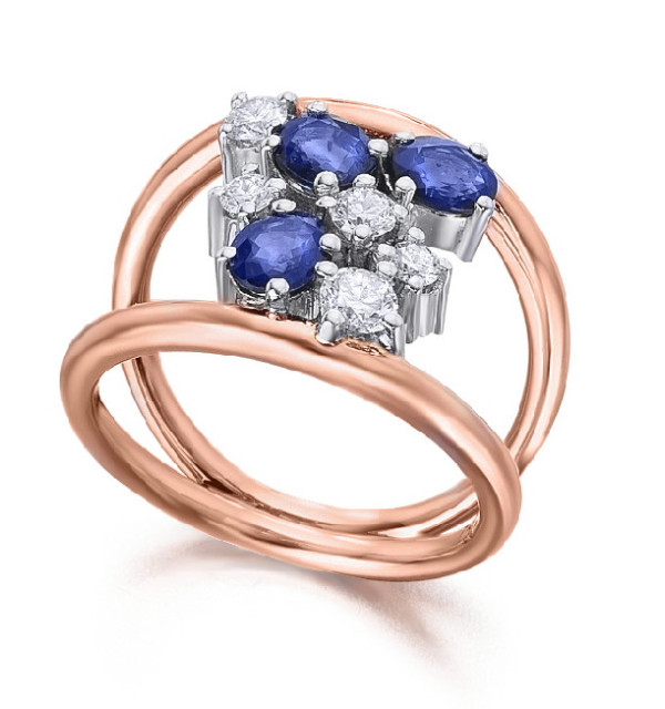 White and rose gold ring with blue Sapphires and Diamonds