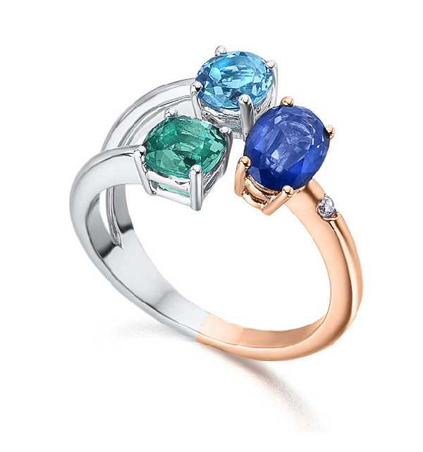 Anillo oro blanco y rosa con Diamante,  Esmeralda, Zafiro y topacio