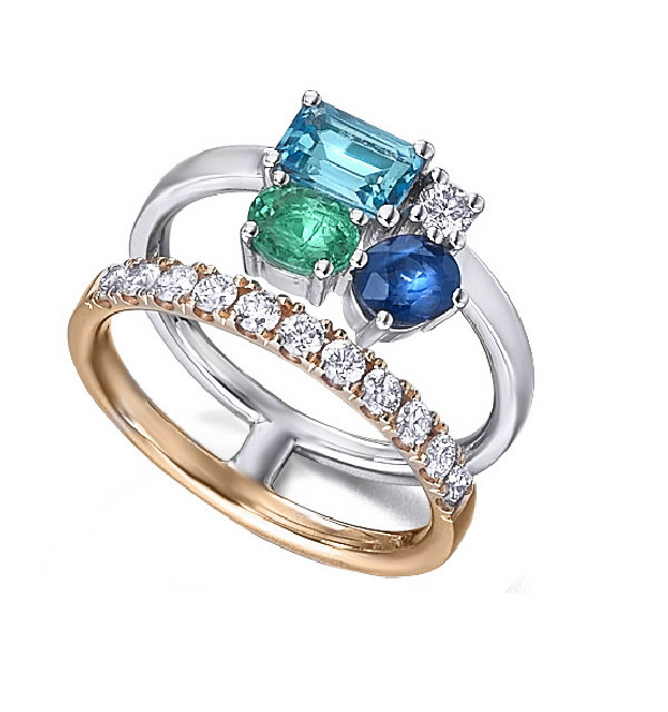Anillo oro blanco y rosa con Diamantes,  Esmeralda, Zafiro y topacio