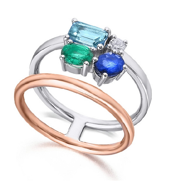 Anillo oro blanco y rosa con Diamante,  Esmeralda, Zafiro y topacio