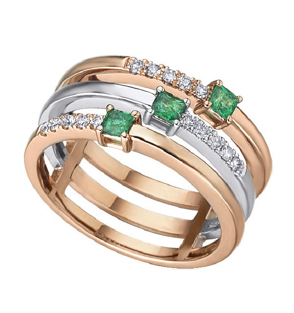 White and rose gold ring with Emeralds and Diamonds