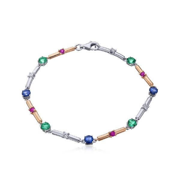 Pulsera de  oro blanco y rosa con Esmeralda, Rubí, Zafiro  y  Diamantes