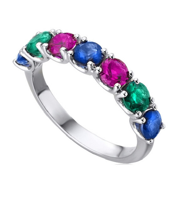 White gold ring with Emeralds, Rubies, blue Sapphires and Diamonds