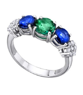 Anillo de  oro blanco con Zafiros, Esmeralda y  Diamantes