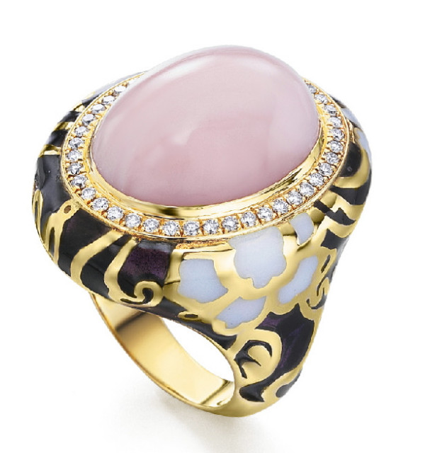 Anillo oro amarillo, Opalo rosa ,  esmalte y  Diamantes