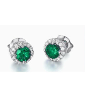 Diamond halo earrings in white gold with Emerald