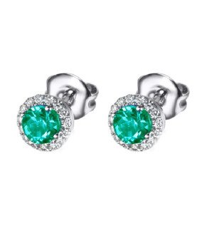 Diamond halo earrings in yellow gold with Emerald