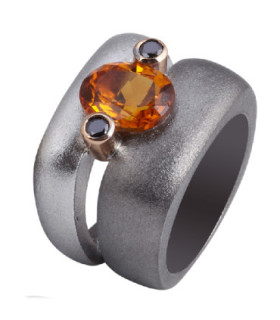 Rose gold and silver ring with Citrine and black Diamonds