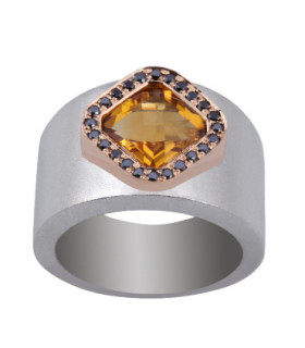 Rose gold and silver ring with black Diamonds and Citrine