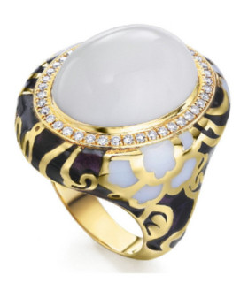 Yellow gold ring with white Agate, enamel and Diamonds