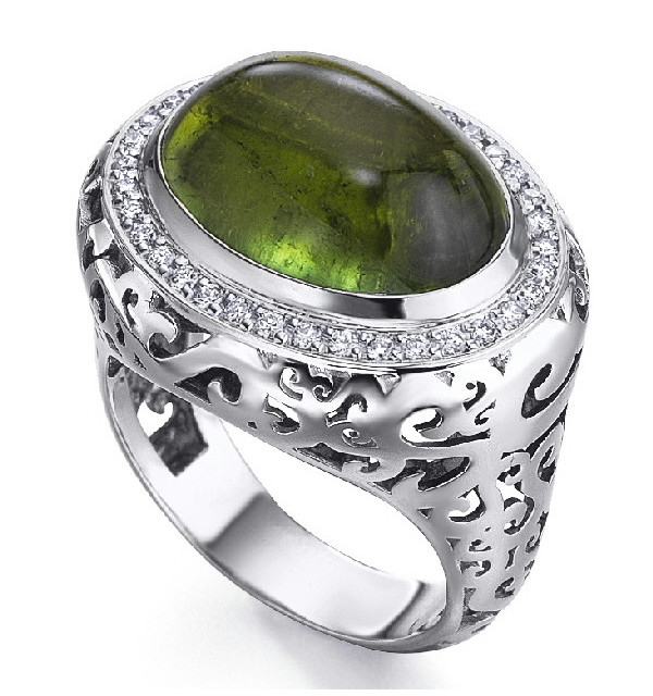 Anillo oro blanco , Turmalina verde y Diamantes