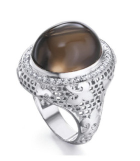 White gold ring with Diamonds and Smokey quartzs