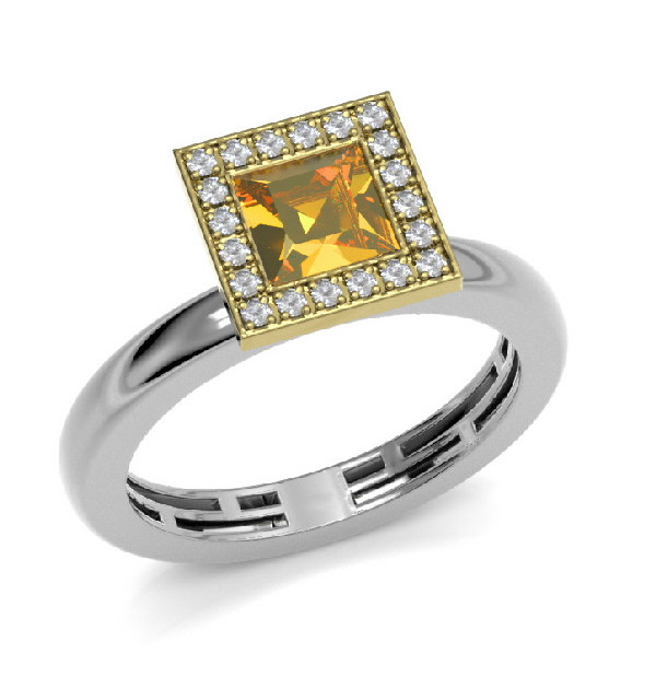 Anillo oro blanco y amarillo con Diamantes y citrino