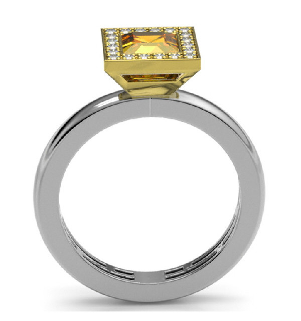 Anillo oro blanco y amarillo con Diamantes y citrino