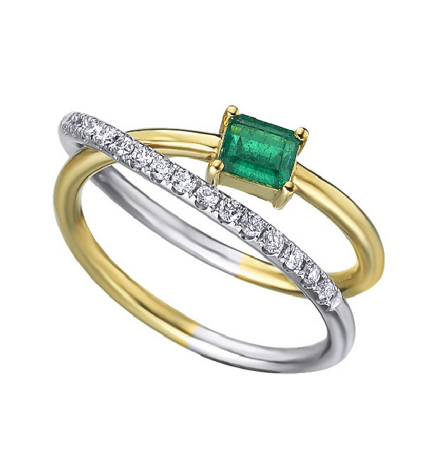 Anillo de  oro blanco y amarillo  con Esmeralda y  Diamantes