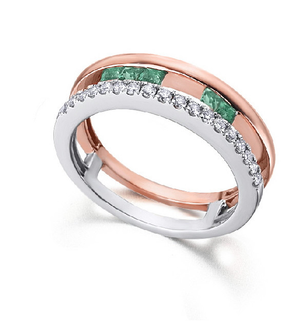 White and rose gold ring with Diamonds and Natural Emeralds