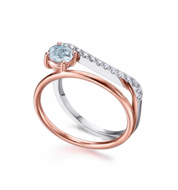 Anillo de  oro blanco, rosa con Diamantes y Aguamarina