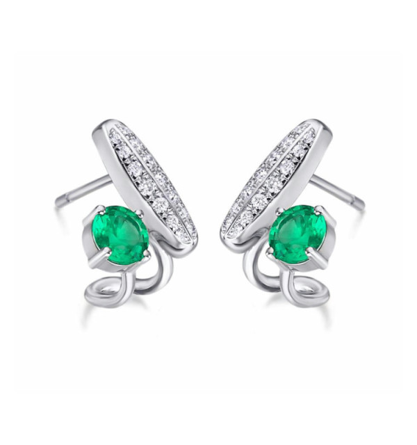 Pendiente oro blanco con Diamantes y Esmeralda