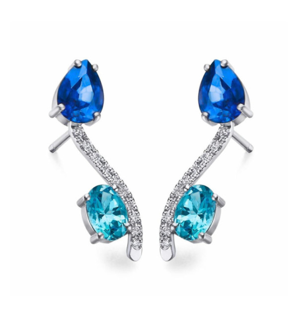 Pendiente oro blanco con Diamantes, Topacio y Zafiro