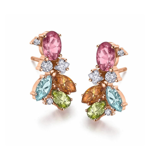 Pendiente oro rosa con Diamantes y Semipreciosas