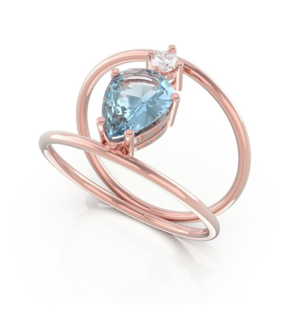 Anillo oro rosa, Diamantes y Aguamarina