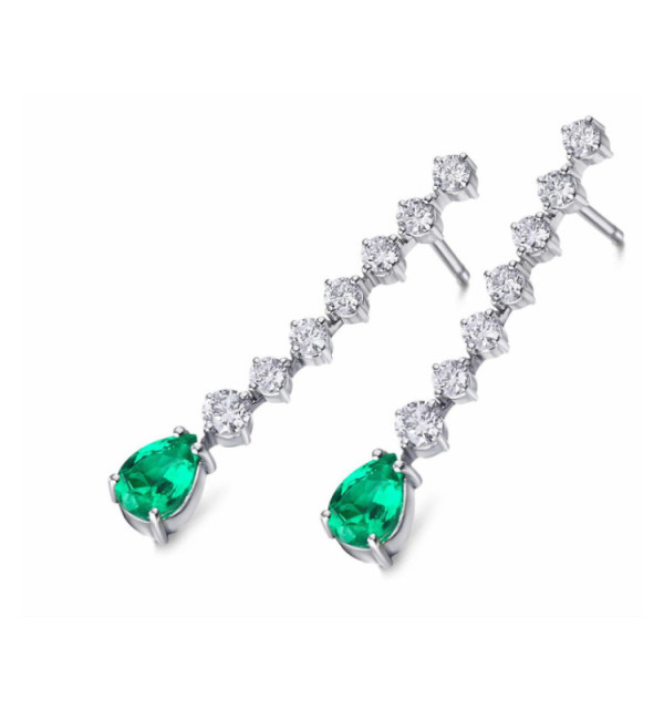 Pendiente oro blanco con diamantes y Esmeralda