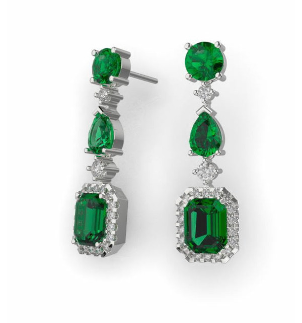 Pendientes oro blanco, Diamantes y Esmeralda